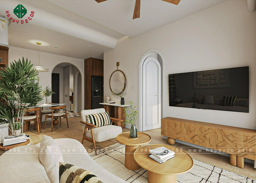 Ghế sofa, bàn cà phê, thảm, kệ tivi và các vật dụng khác. Cách bố trí rất khoa học và phù hợp với không gian thiết kế