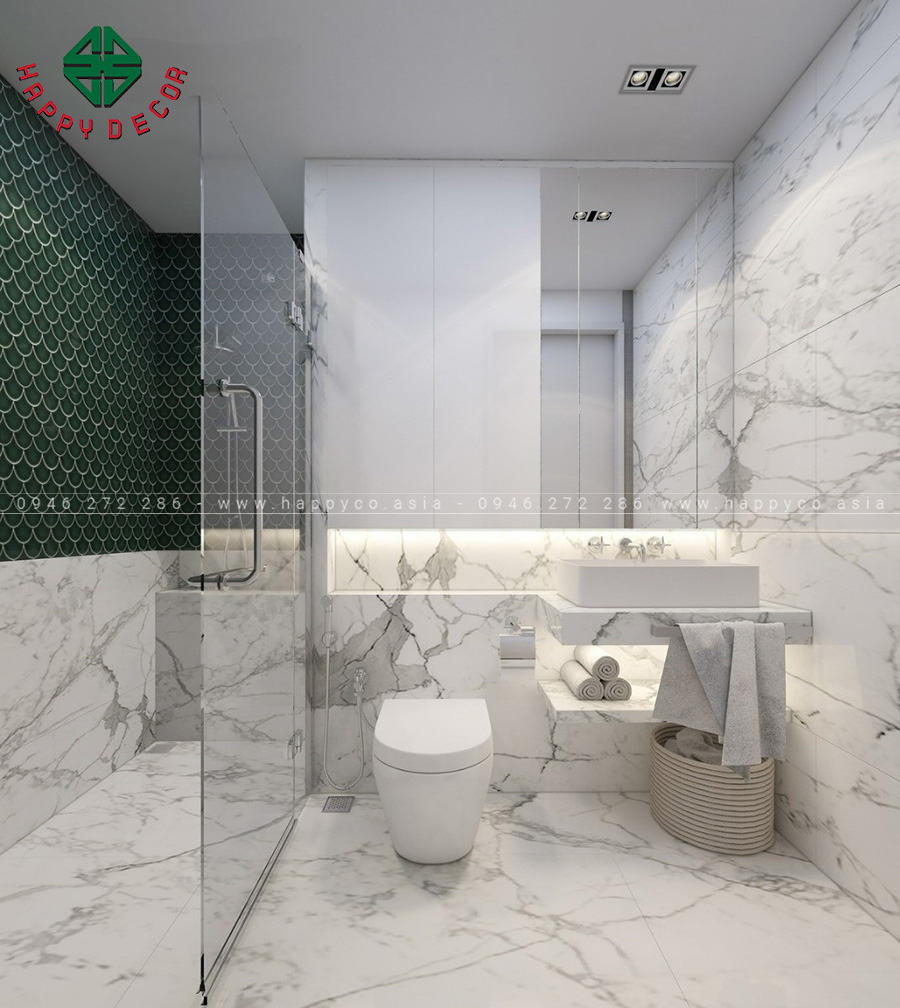 Không gian phòng tắm được thiết kế đẹp mắt, bằng kính cường lực trong suốt chia thành khu vực khô và ướt.