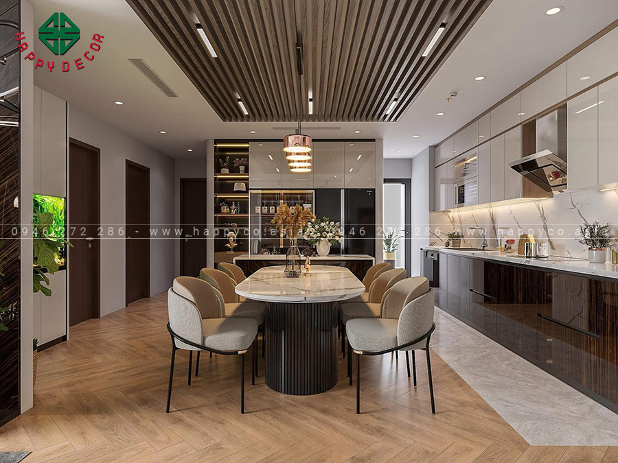 Thiết kế bếp liên thông với khu vực phòng khách, mang đến không gian thoáng đãng, rộng rãi