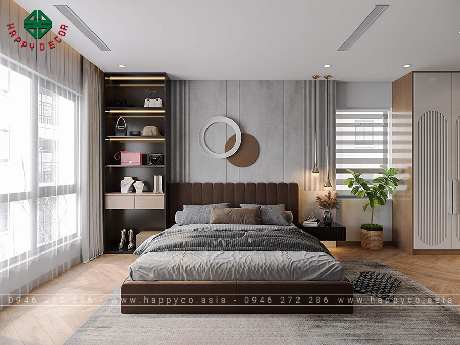 Phòng ngủ master lấy cảm hứng từ phong cách hiện đại với tông màu trung tính