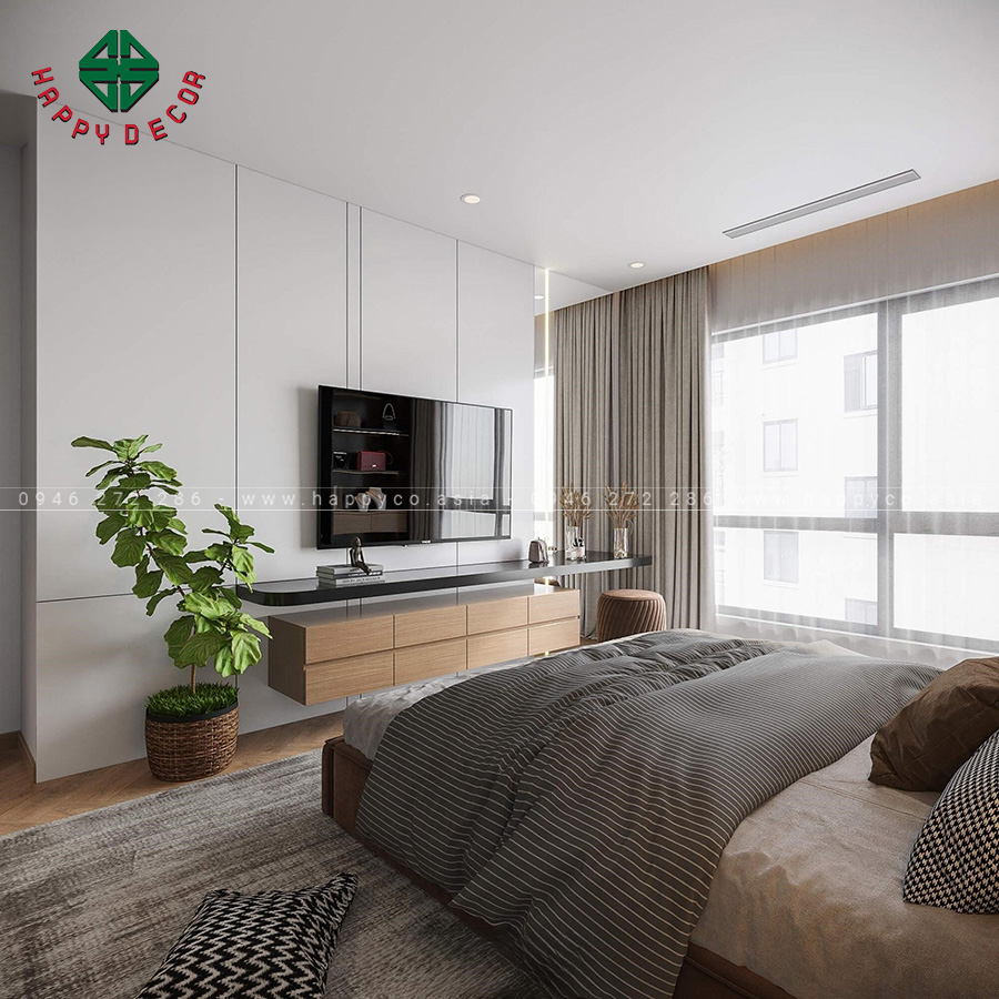 Khu vực tivi được trang trí bằng tấm ốp tường PVC