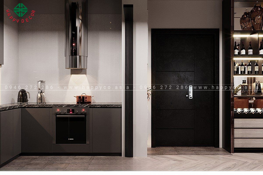 Hệ thống tủ bếp hình chữ L bao phủ toàn bộ góc nhà