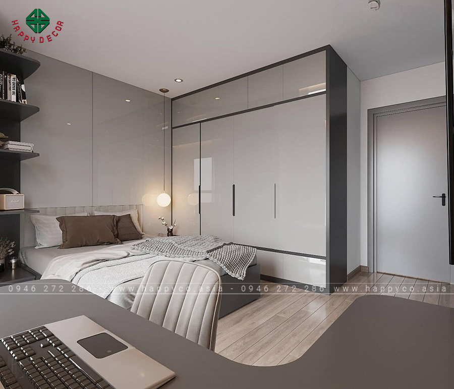Phòng ngủ master có thiết kế hiện đại với tông màu chủ đạo là trắng và xám.