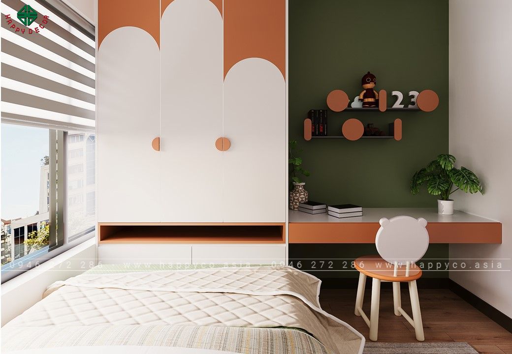 Việc kết hợp bàn học trong phòng ngủ rất tiện lợi cho trẻ em