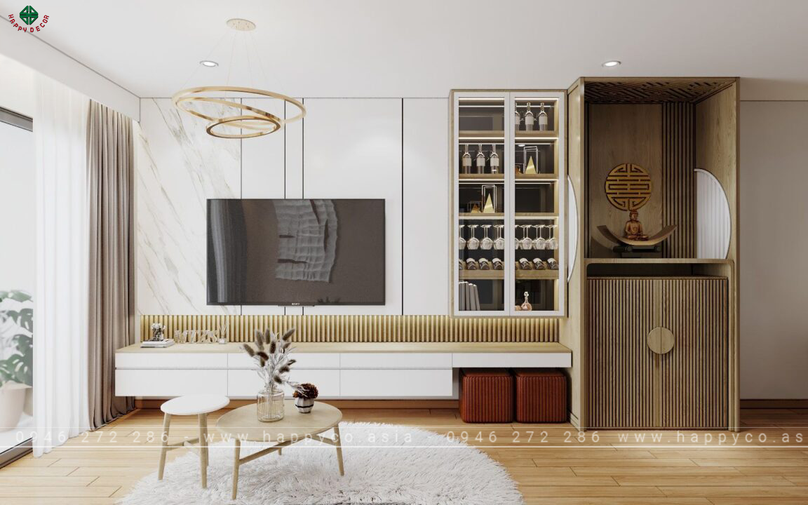 Kệ tivi với vác ngăn trang nhã kết hợp cùng tủ rượu tạo sự sang trọng