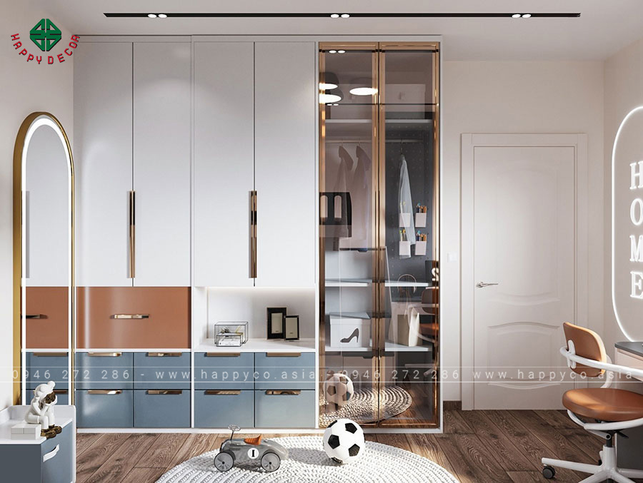 Hệ thống tủ quần áo ba gian tích hợp ngăn kéo nhỏ rất tiện lợi