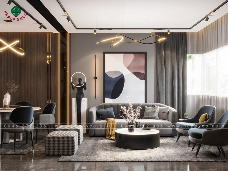 Màu sắc trung tính được lựa chọn xuyên suốt phòng khách