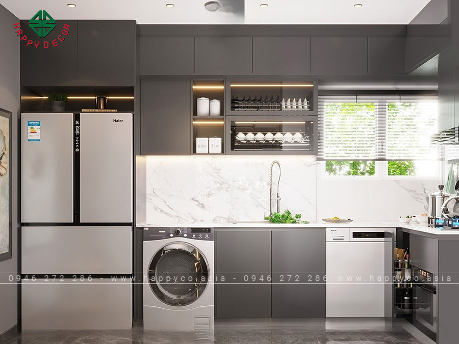 Kệ tủ bếp âm tường hình chữ L làm từ gỗ công nghiệp có ngăn lạnh