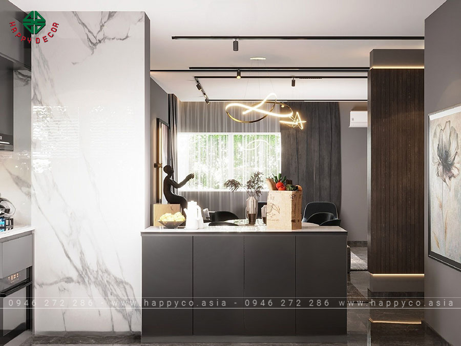 Quầy bar có kích thước vừa phải ngăn cách khu vực phòng khách với khu vực nấu nướng cầu kỳ