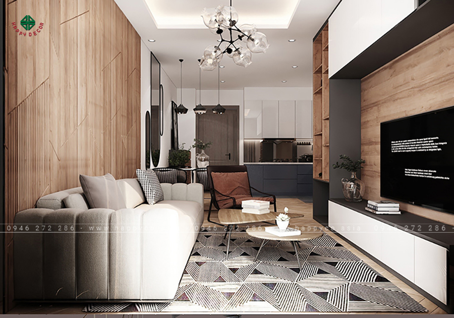 Không gian phòng khách trong chung cư Biên Hòa ấn tượng với những mảng tường ốp đẹp mắt phía sau ghế sofa