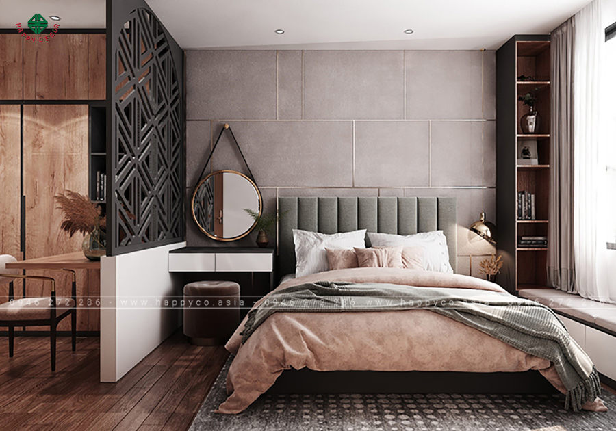 Nội thất phòng ngủ master trong căn hộ Biên Hòa chủ đạo là gam màu trung tính