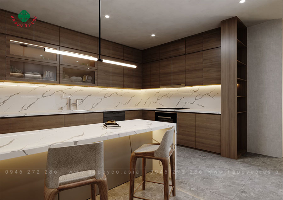 Bàn đảo với những đường cong và mặt đá nhân tạo tạo điểm nhấn trang trí độc đáo trong căn bếp