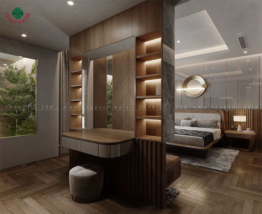 Bàn trang điểm có gương lớn và ngăn kéo đựng mỹ phẩm và các phụ kiện cần thiết