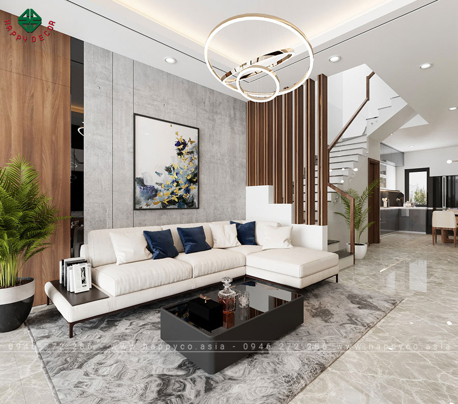 Những đồ nội thất như ghế sofa, bàn café, kệ tivi cũng được lựa chọn kỹ càng về kiểu dáng, màu sắc, kích thước.