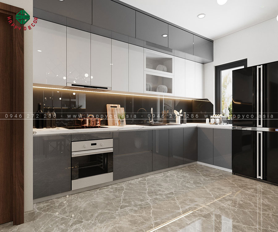 Hệ tủ bếp âm tường chữ L cửa kính phủ acrylic bóng gương