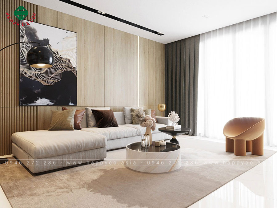 Phòng khách thiết kế hiện đại với chất liệu gỗ công nghiệp - view 1