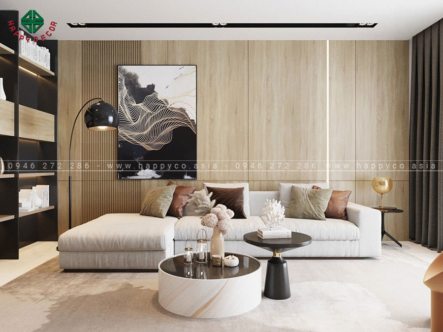 Bức tường phía sau sofa được ốp gỗ trang trí - view 2