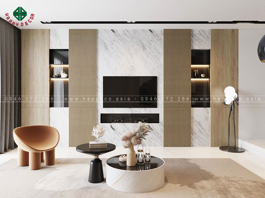 Khu vực tivi được trang trí đơn giản, sử dụng kết hợp tôn và giả PVC - View 4