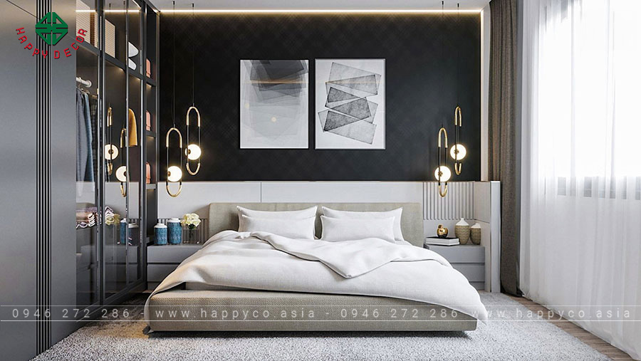 Phòng ngủ chính nổi bật với tông màu trung tính xuyên suốt không gian