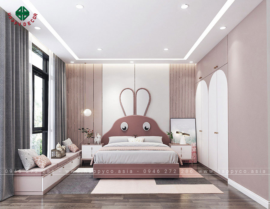 Chiếc giường dài 1,8m có đầu giường hình chú thỏ rất ngộ nghĩnh và dễ thương.