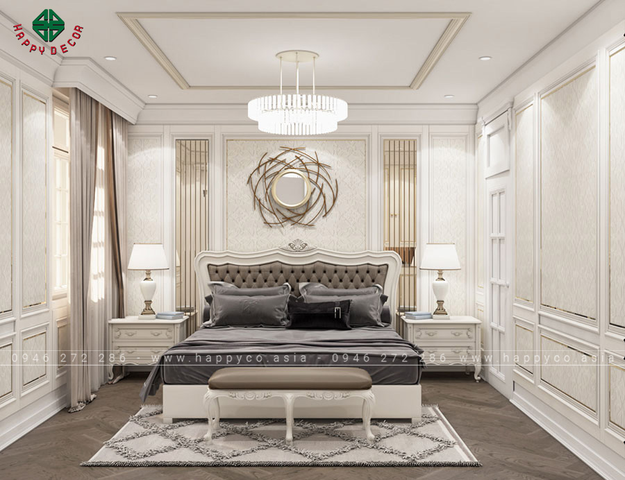 Phòng ngủ ấn tượng với chiếc giường đặt giữa không gian