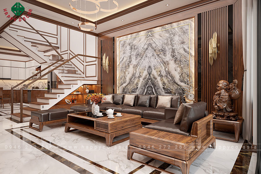 Nội thất bố trí trong không gian phòng khách được làm 100% từ gỗ