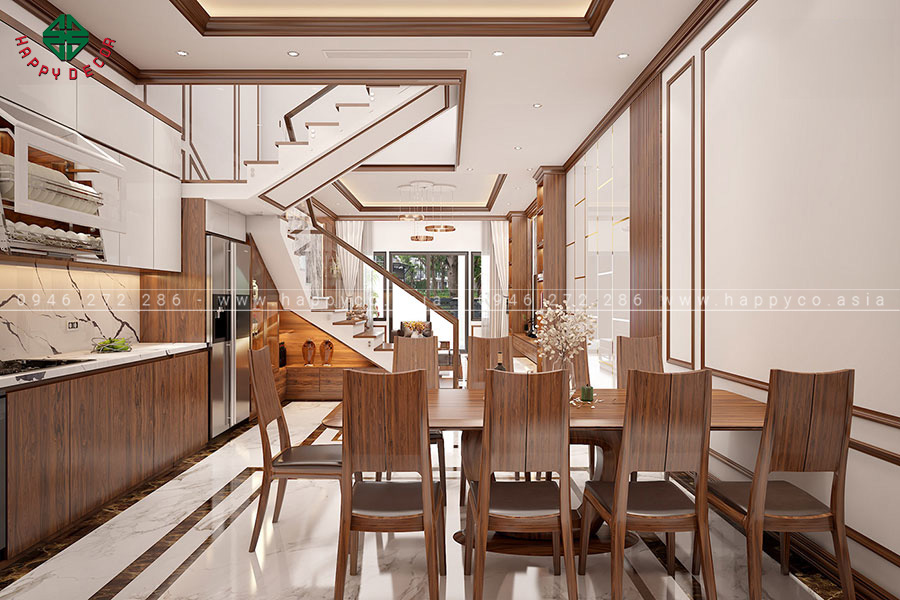 Phòng khách được làm bằng gỗ óc chó cao cấp thể hiện tính thẩm mỹ sang trọng và hiện đại.