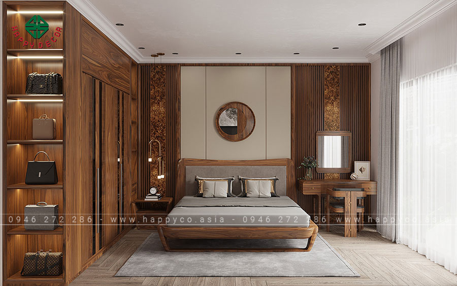 Phòng ngủ chính với tông màu gỗ trắng và nâu có điểm nhấn là gỗ óc chó