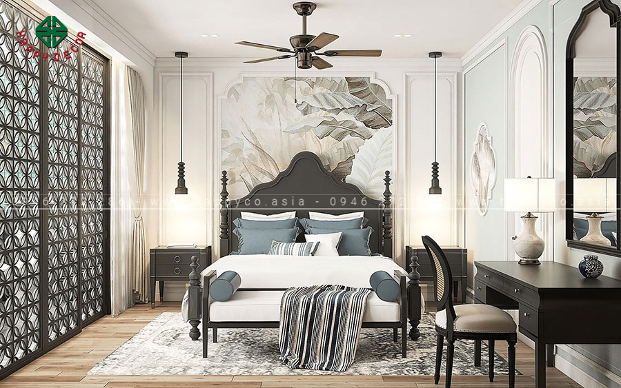 Phòng ngủ Đông Dương tạo không gian sang trọng với hoa văn bắt mắt