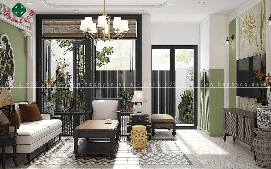 Nội thất được làm từ gỗ tự nhiên kết hợp với mây tre đan phù hợp với phong cách