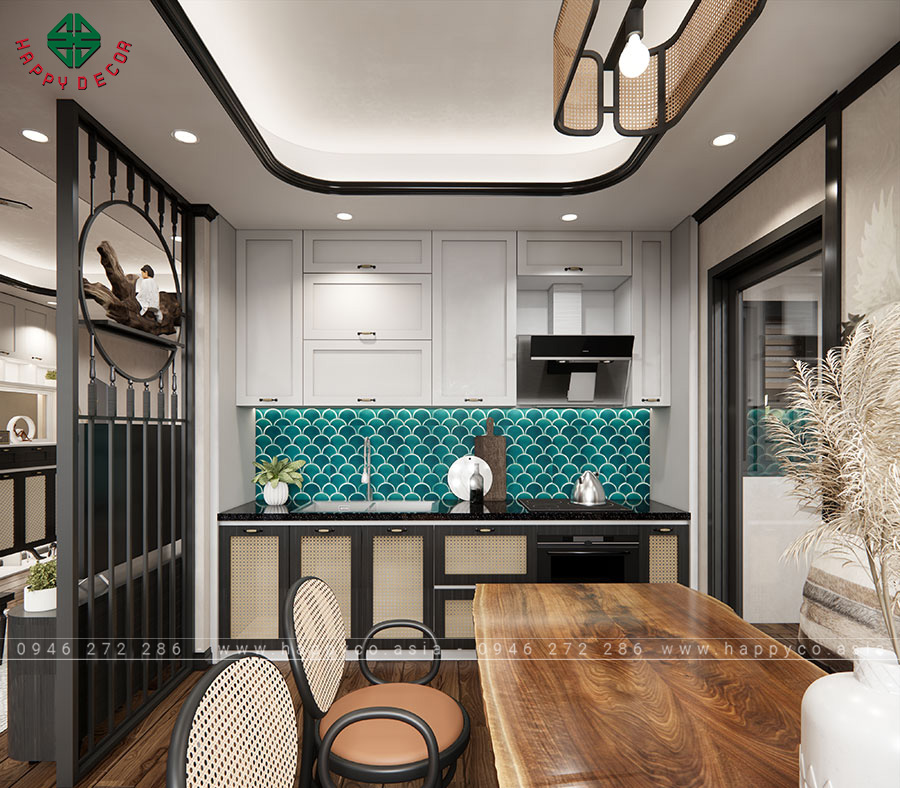 Hệ thống tủ bếp ấn tượng kết hợp gạch khảm vảy cá bắt mắt