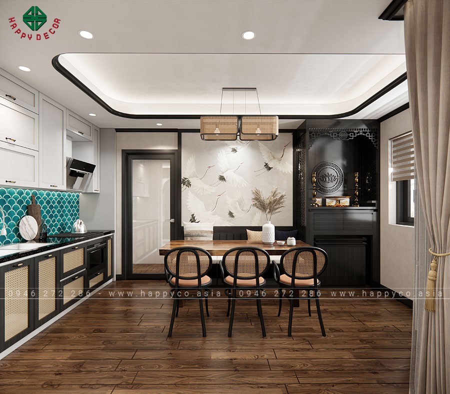 Bộ bàn ghế ăn được đặt ở trung tâm căn bếp với thiết kế đơn giản và được làm bằng gỗ mây tre đan