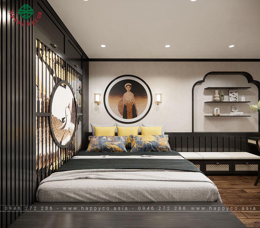 Phòng ngủ chính chọn sự kết hợp giữa màu trắng và gỗ để không gian trở nên thoải mái và thư giãn.