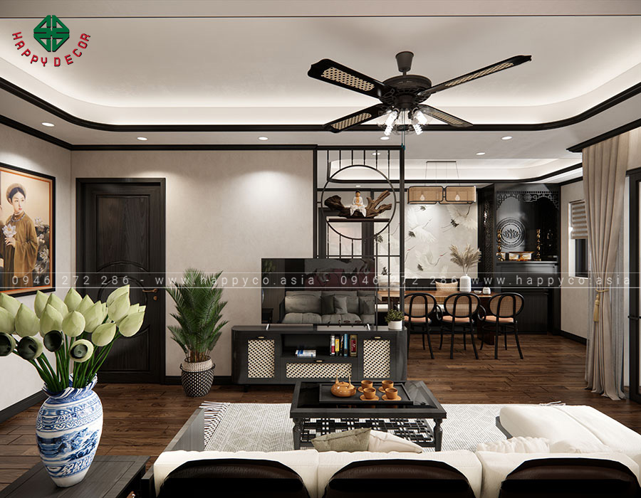 Khu vực bố trí TV có thiết kế đơn giản, kệ làm bằng tre, mây và gỗ được lựa chọn.