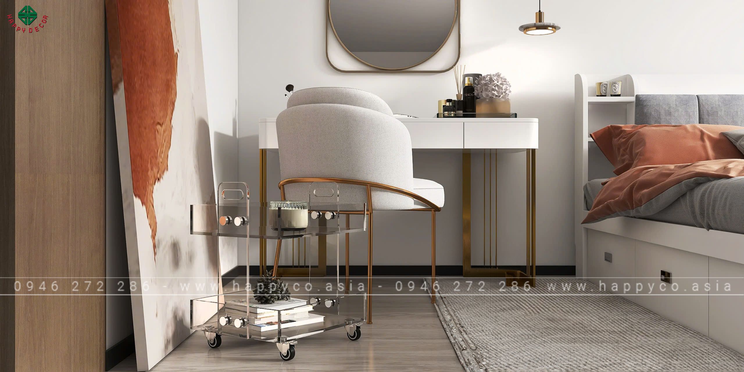 Sử dụng màu trắng kết hợp với điểm nhấn màu cam đất để tạo cảm giác ấm cúng, rộng rãi hơn