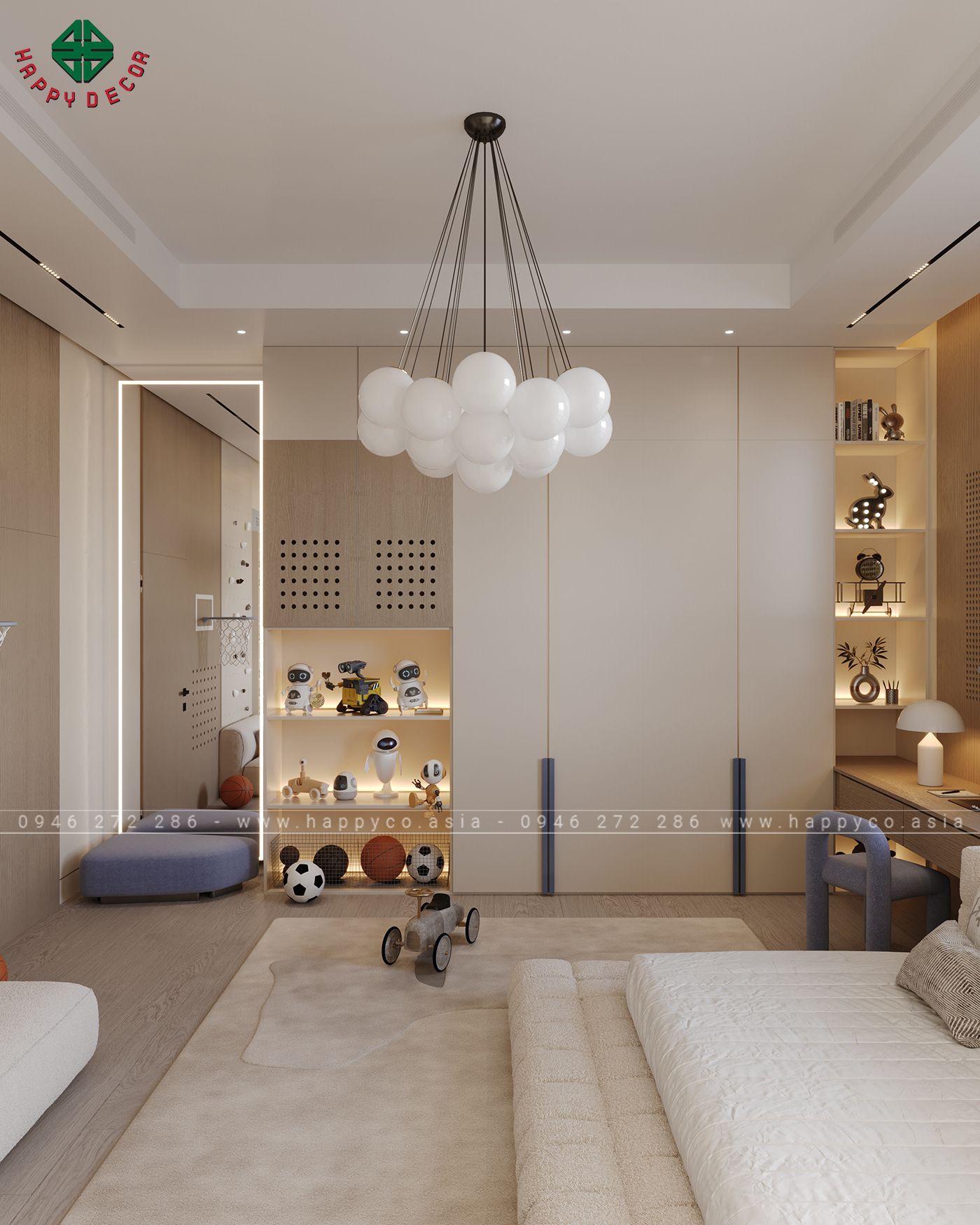 Kết hợp tủ quần áo và tủ trưng bày dành cho trẻ có không gian thư giãn gây hứng thú trí não phát triển của bé trai