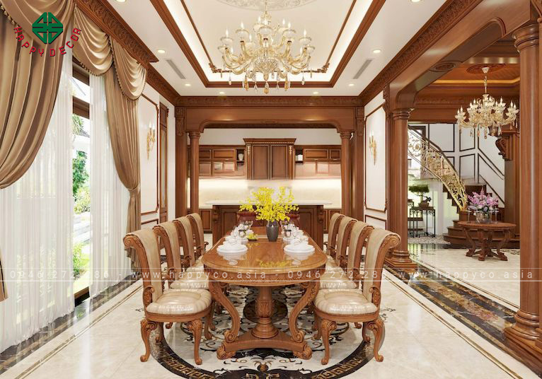 Sự sang trọng của phòng ăn khi sử dụng nội thất gỗ hoàn toàn tự nhiên
