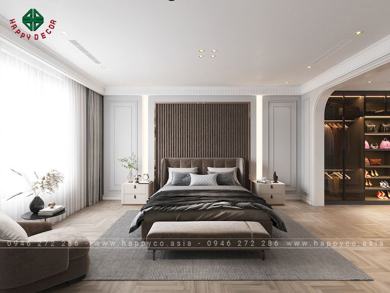 Phòng ngủ sử dụng 2 thanh kéo đầu giường tạo sự đối xứng trong không gian