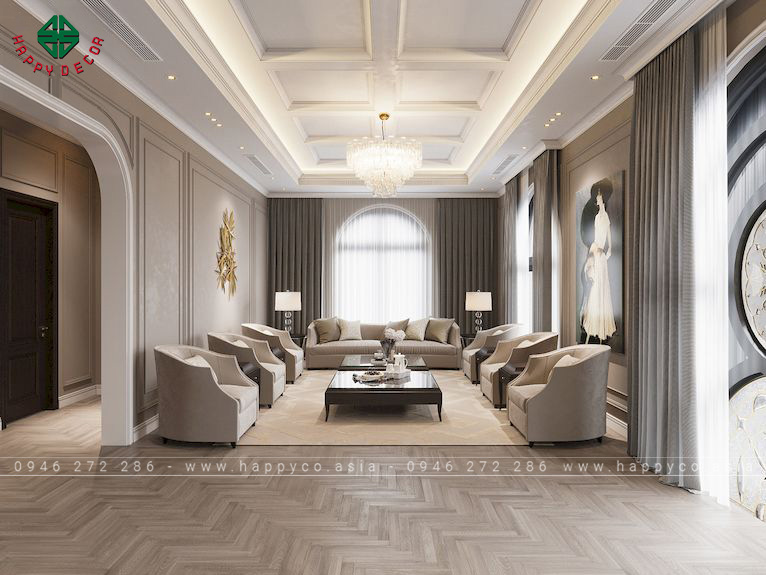 Phòng khách biệt thự có phong cách kết hợp giữa phong cách tân cổ điển với sự tối giản
