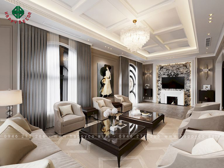 Tính đối xứng được tận dụng triệt để trong phong cách thiết kế nội thất biệt thự tân cổ điển