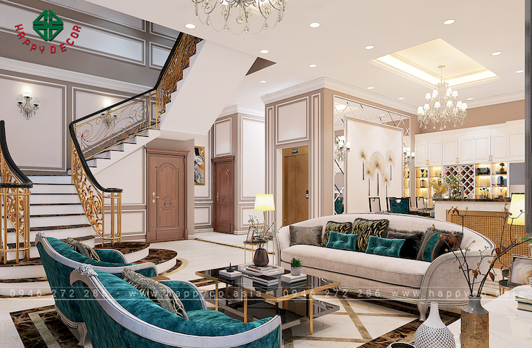 Nội thất biệt thự tân cổ điển sử dụng màu trắng làm chủ đạo