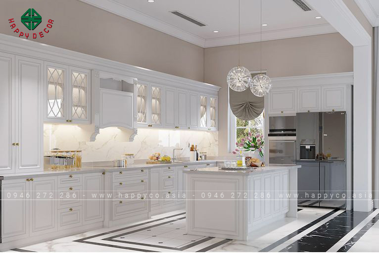 Nội thất bếp tân cổ điển với tông màu trắng đặc trưng