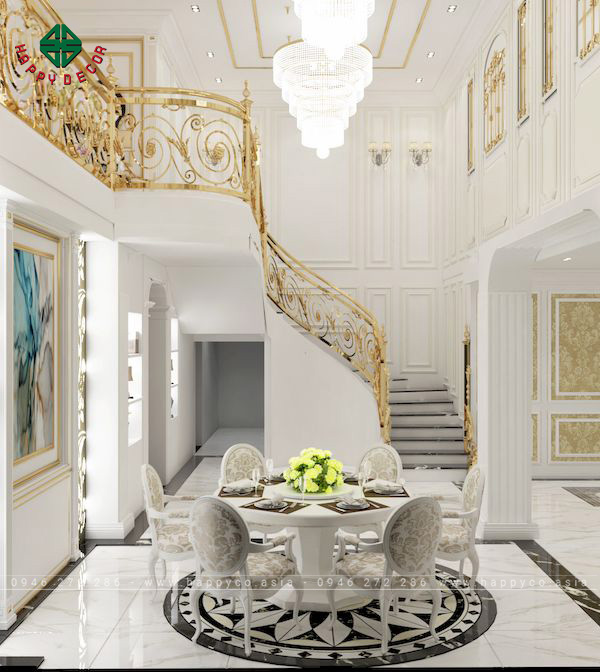 Không gian bàn ăn ấm áp, sang trọng trong biệt thự tân cổ điển