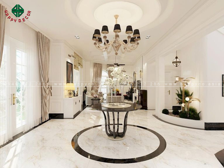 Không gian sảnh nối liền với phòng khách của biệt thự tân cổ điển