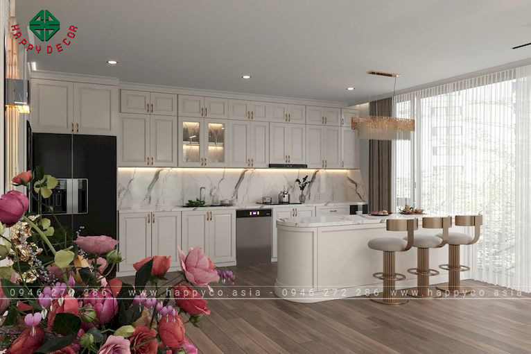 Nội thất không gian bếp tân cổ điển sạch sẽ, ngăn nắp