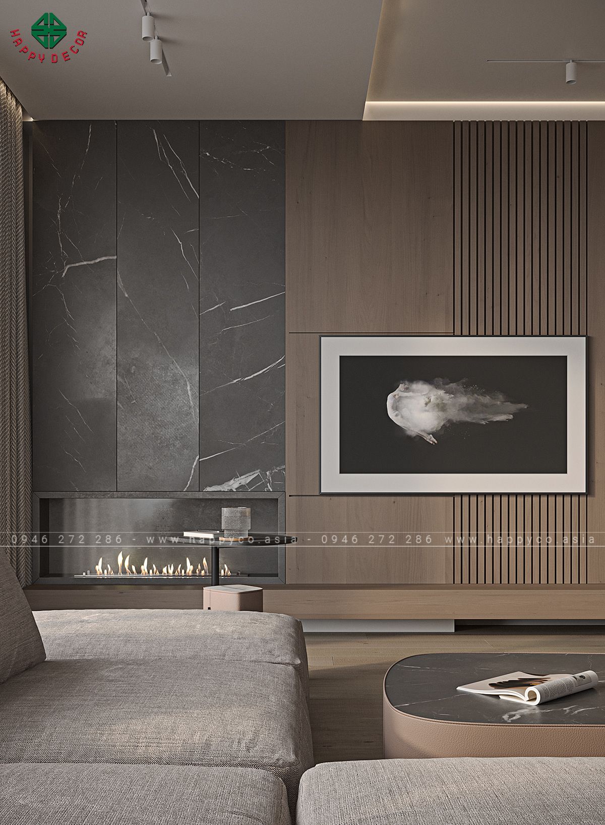 Thiết kế phòng khách rộng rãi, tận dụng ánh sáng tự nhiên, với các món đồ nội thất tinh tế như sofa