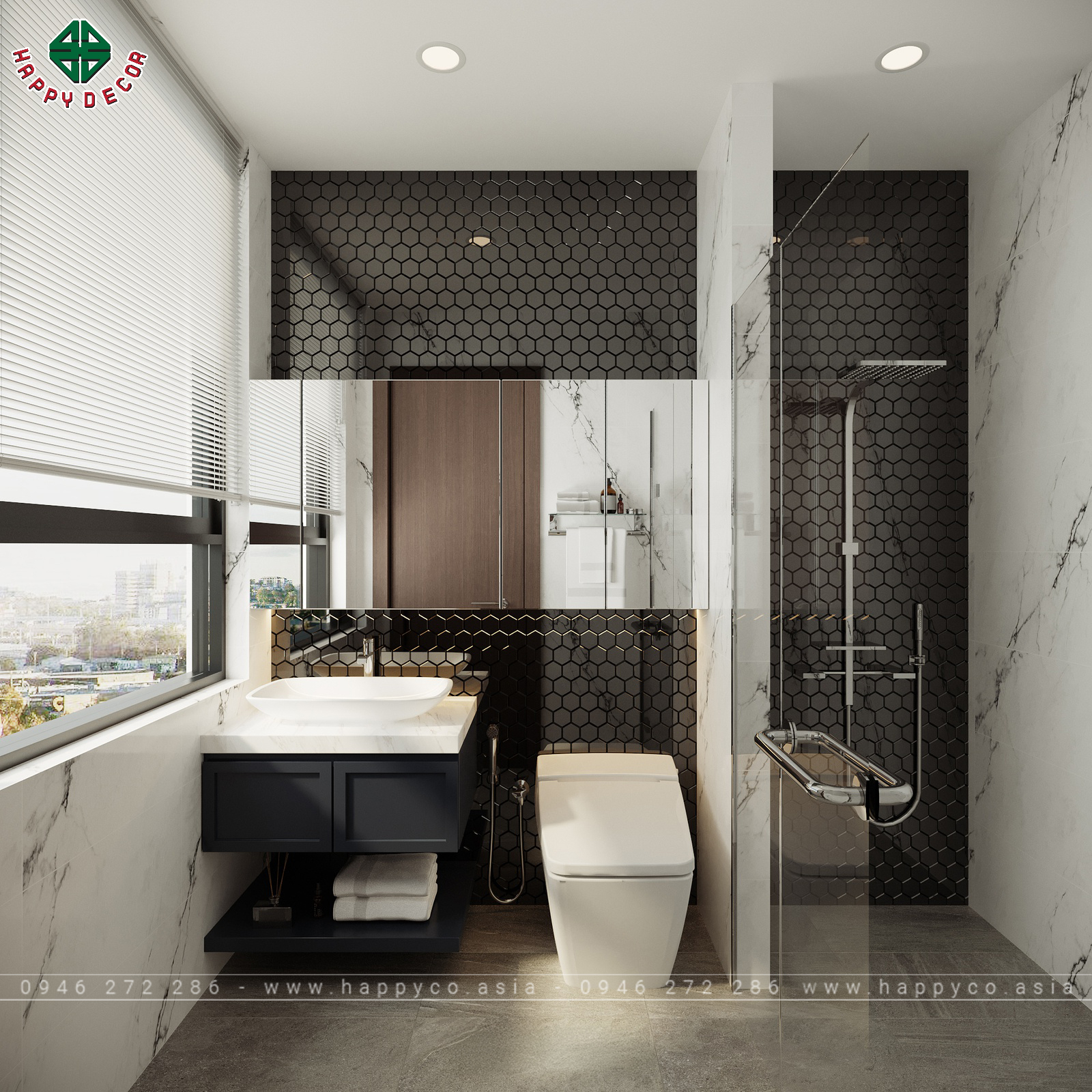 Nhà vệ sinh sang trọng với đá marble và đá ốp tổ ong Nhà vệ sinh sang trọng với đá marble và đá ốp tổ ong