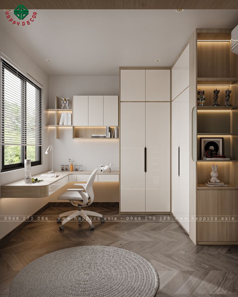 Bàn làm việc được đặt cạnh cửa sổ tạo cảm giác thoải mái thư giãn để làm việc