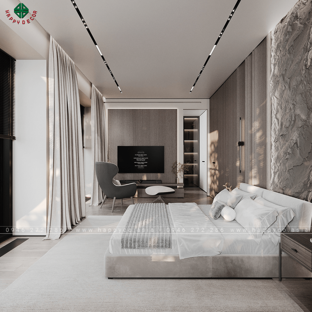 Phòng ngủ của chung cư tại TP.HCM hiện đại với ván công nghiệp