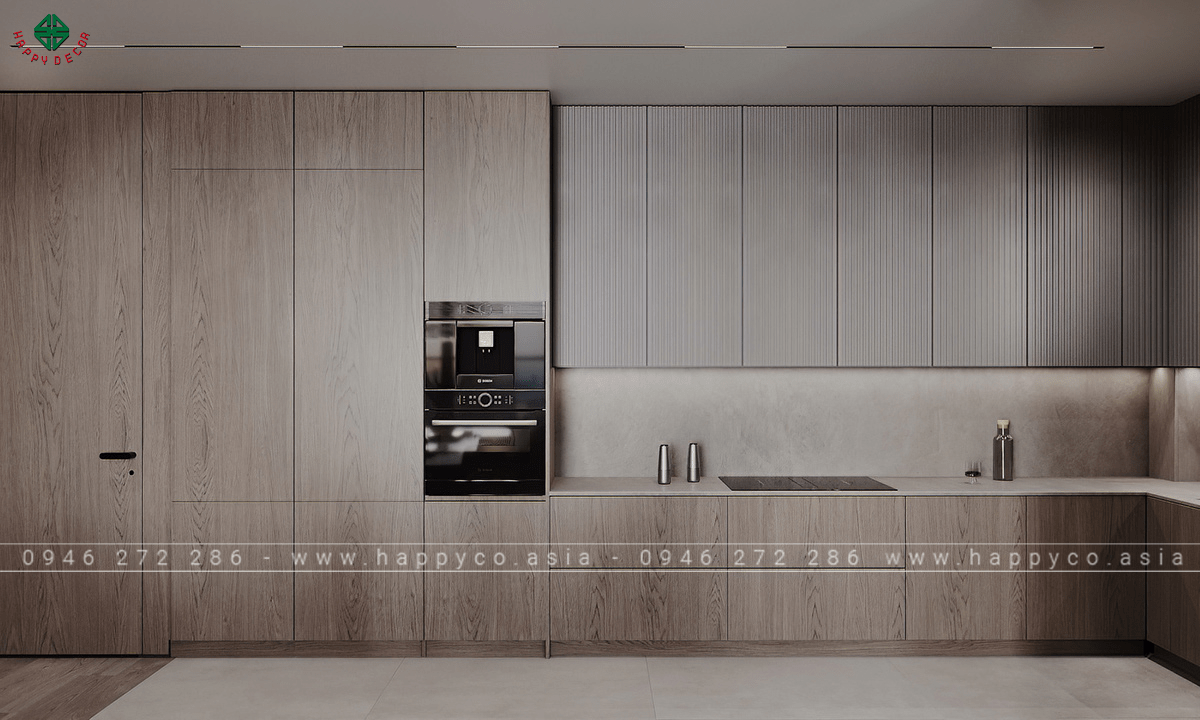 Phòng bếp không chỉ là nơi để nấu nướng mà còn là điểm nhấn kiến trúc với tủ bếp được làm từ vật liệu cao cấp